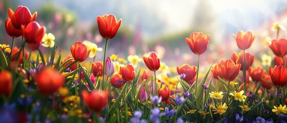 Obraz premium A detailed close-up view of a multicolored flower field