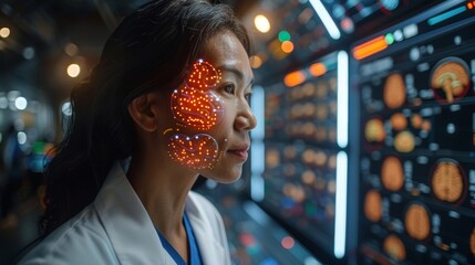 An individual, with face obscured, interacts with futuristic control panels, highlighting a clinical setting melded with advanced technology