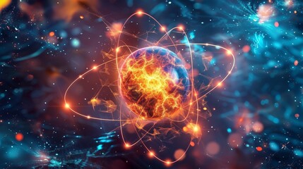 Obraz premium Detailed atomic structure with vibrant protons, neutrons, and electrons orbiting the nucleus.