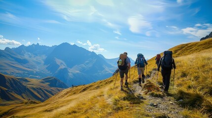 Obraz premium Embark on an exhilarating mountain trekking adventure, where every step brings you closer to breathtaking vistas and the thrill of conquering rugged terrain. 