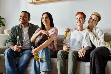 A diverse group of friends, including a loving lesbian couple, sit on top of a cozy couch, sharing...