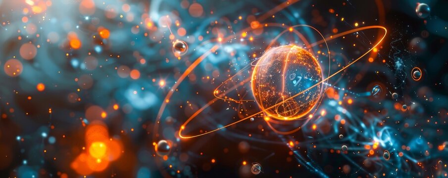 Detailed atomic structure with vibrant protons, neutrons, and electrons orbiting the nucleus.