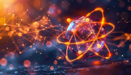 Obraz premium Detailed atomic structure with vibrant protons, neutrons, and electrons orbiting the nucleus.