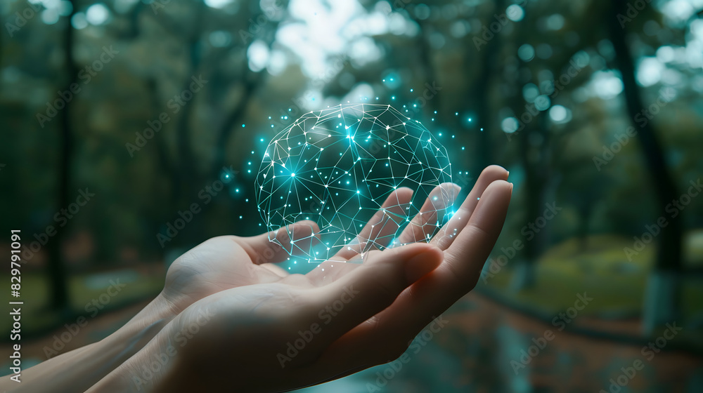 Poster hands holding virtual brain in wireframe style, artificial intelligence and neuronal network concept