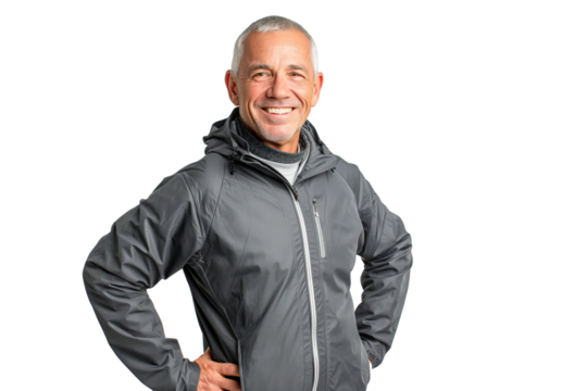 Smiling Older Man in Gray Sports Jacket with Hands on Hips