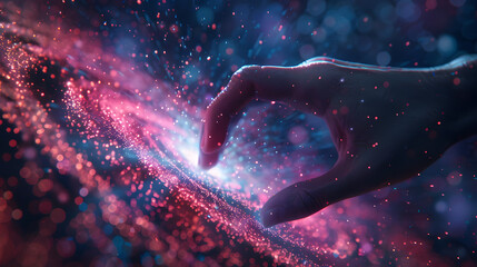Hand touching a spinning vortex of data and light particles, data flow and processing visualisation backgrounds