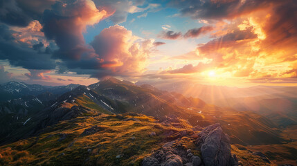 Majestic mountain landscape with vibrant sunset and dramatic clouds