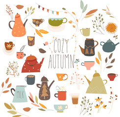 Cartoon Vector Set with Different Cups, Kettles and Autumn Color Leaves
