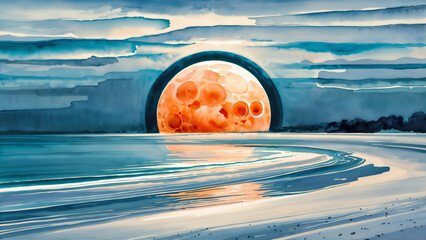 Minimalist watercolor like illustration of a tranquil tropical beach with large red harvest moon on the horizon, blue hues of twilight creates a peaceful dreamy ambiance of rest.