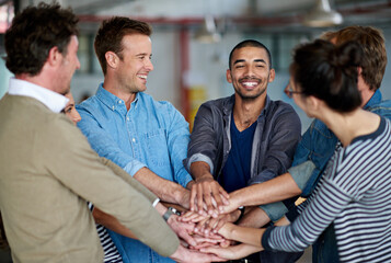 Business people, meeting and hands together with unity for collaboration, teamwork or synergy at...