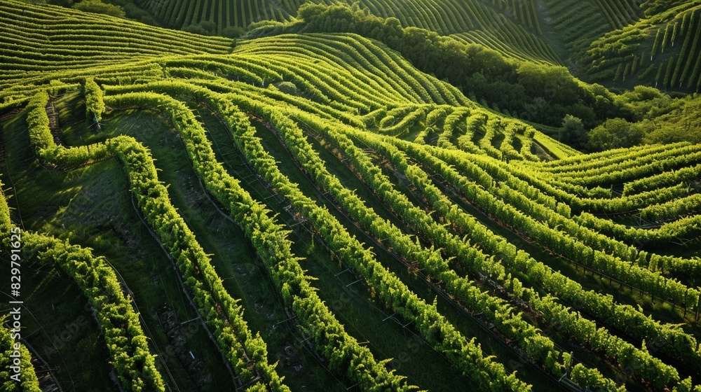 Poster from a high vantage point, the intricate layout of a vineyard becomes apparent, with neatly aligned 