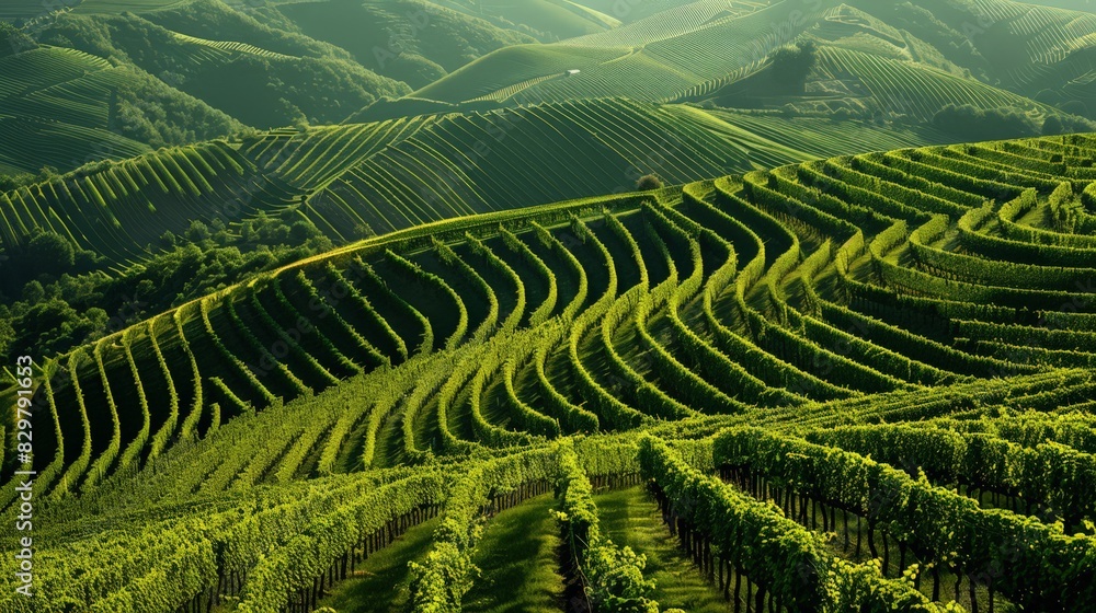 Poster from a high vantage point, the intricate layout of a vineyard becomes apparent, with neatly aligned 