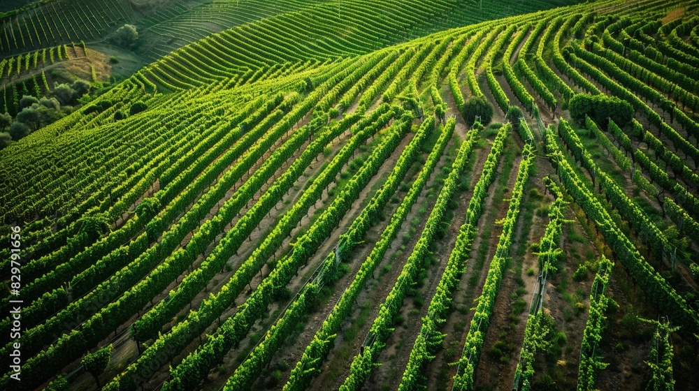 Poster from a high vantage point, the intricate layout of a vineyard becomes apparent, with neatly aligned 