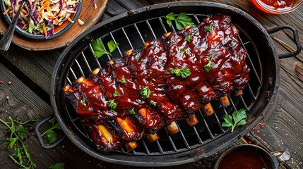 A detailed top-down view of smoked BBQ ribs