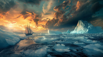 Sailing ship in icy waters at sunset with dramatic skies