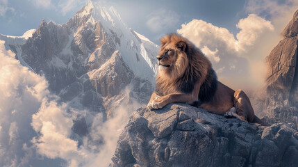 Majestic lion resting on rocky cliff with mountain backdrop