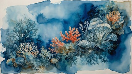 teal coral reef in the blue sea, watercolor wash painting, underwater wallpaper background 