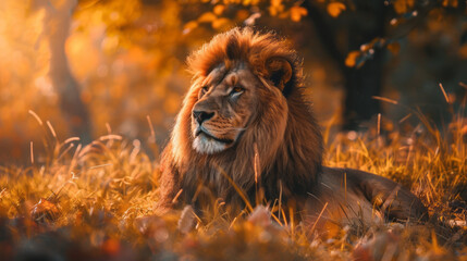 Majestic lion resting in a beautiful autumn forest landscape