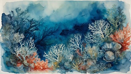 teal coral reef in the blue sea, watercolor wash painting wallpaper background