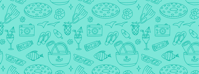 Summer background. Banner with hand drawn summer icons and copyspace. Elements of summer holidays and travel in doodle style. Suitable for cards, banner, textiles, wallpapers