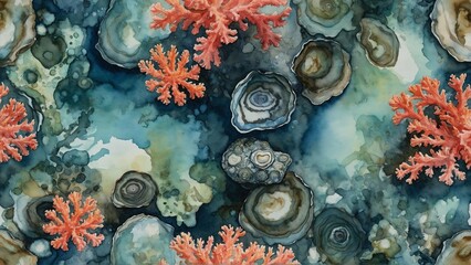 teal, green corals, reef, shells in the sea, watercolor wash painting wallpaper background