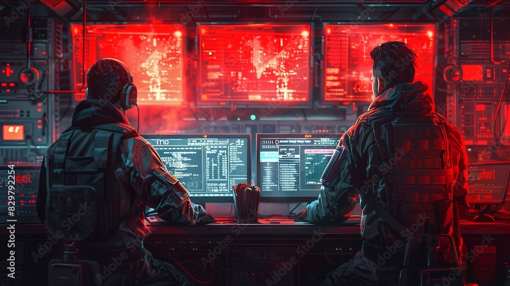 Poster two individuals in a high-tech control room monitoring red glowing screens and data analyses