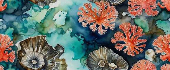 teal, orange corals, reef, seashells in the sea, watercolor painting wallpaper background