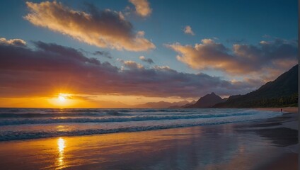 Fototapeta premium Stunning serene beach with colorful sunrise and mountain backdrop