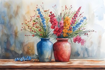 A vivid watercolor artwork showcasing two vases filled with vibrant flowers, on a wooden surface against a blurred background