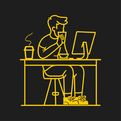 Man working on monitor desk on yellow flat line art