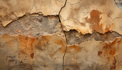 Fototapeta premium Cracked brown wall details, old wall with cracked plaster, stained glass background 