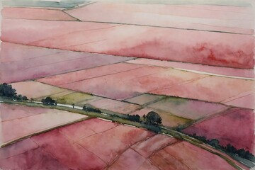 watercolor abstract painting fields in pink shades, top view background, textured lands wallpaper
