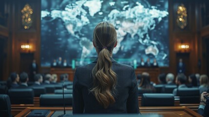 A professional woman with tied-back hair observes a digital world map on a screen within an upscale, sophisticated auditorium