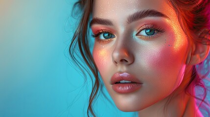 Naklejka premium This image showcases a woman's face illuminated by vibrant colored lights, highlighting her features and makeup