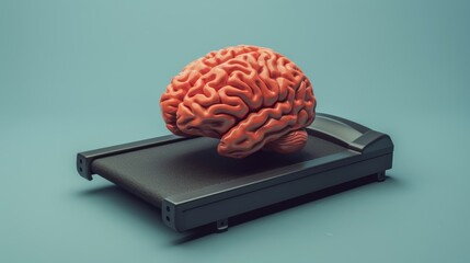 Vibrant 3d brain character exercises on treadmill in blue environment, symbolizing cognitive growth