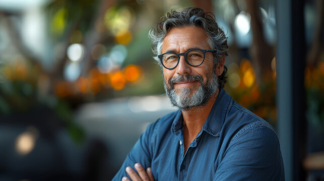 A happy, mature man with crossed arms stands in a comfortable setting, conveying confidence and contentment