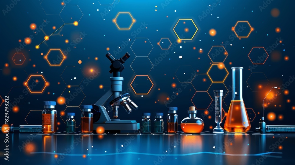 Poster this image depicts a modern laboratory setup with scientific equipment, microscopes, hexagon pattern