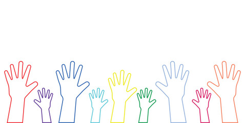 Celebrating raising hands outline vector illustration. Spectrum of raised hands. Unity in diversity icon.