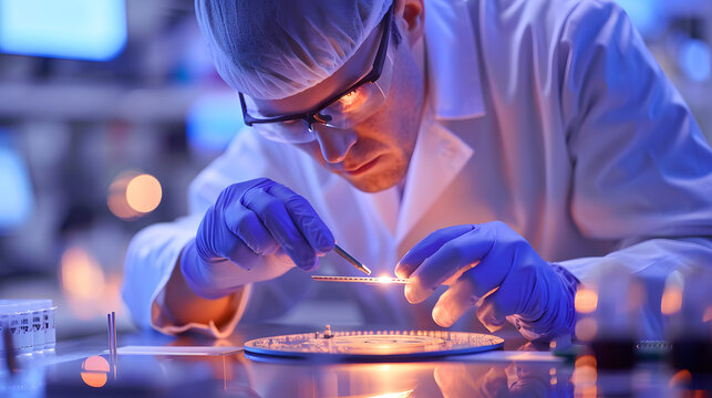 Engineer inspecting micro chip wafer in laboratory
