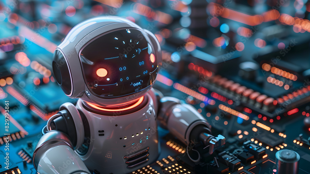 Poster digital representation of ai artificial intelligence chat bot connected to computer motherboard