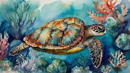 green sea turtle swimming in water with corals shells, and reefs, watercolor painting wallpaper background