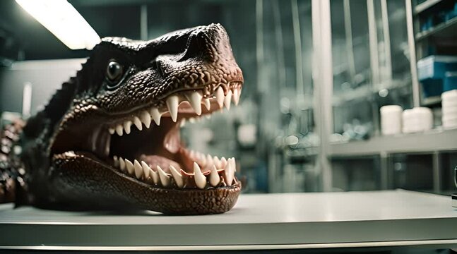 Giant jaws lie on the metal floor of a modern laboratory and are the subject of scientific research. Their massive structure and razor-sharp teeth are carefully illuminated by examination lamps.
