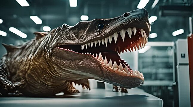 Giant jaws lie on the metal floor of a modern laboratory and are the subject of scientific research. Their massive structure and razor-sharp teeth are carefully illuminated by examination lamps.