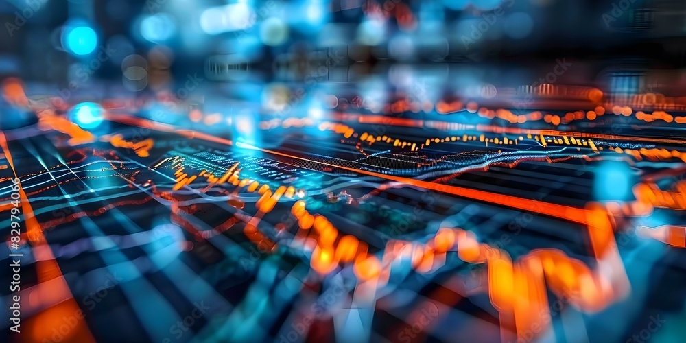 Poster analyzing financial graphs and data for stock market using digital technology. concept finance analy