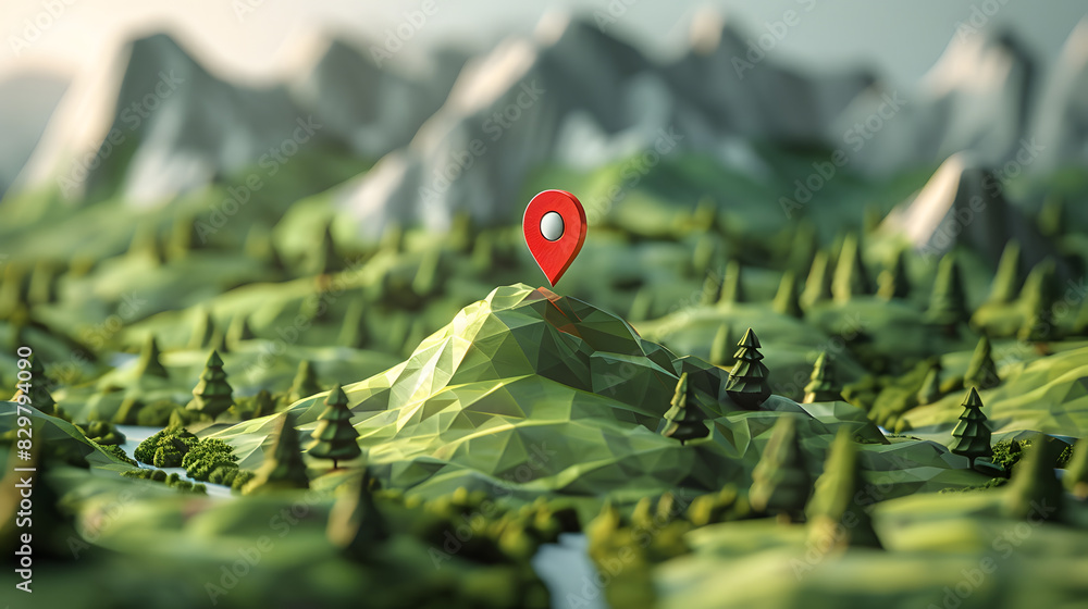 Poster digital low poly landscape with location pin pointing to place on map