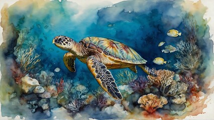 sea turtle swimming in ocean with corals, reefs, watercolor painting wallpaper background