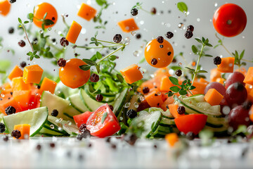 vegetable salad on a plate, Experience the magic of culinary creativity with a captivating image of a salad suspended in mid-air, its fresh ingredients and food pieces delicately floating against a pr
