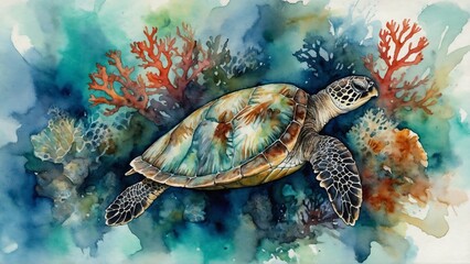 green sea turtle swimming in ocean with corals, reefs, watercolor painting wallpaper background