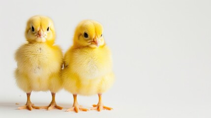 Fototapeta premium Two Easter chicks standing alone on a white backdrop