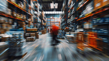 worker in warehouse managing boxes in motion blur,busy workflow of hardware store emplyess group of empolyess